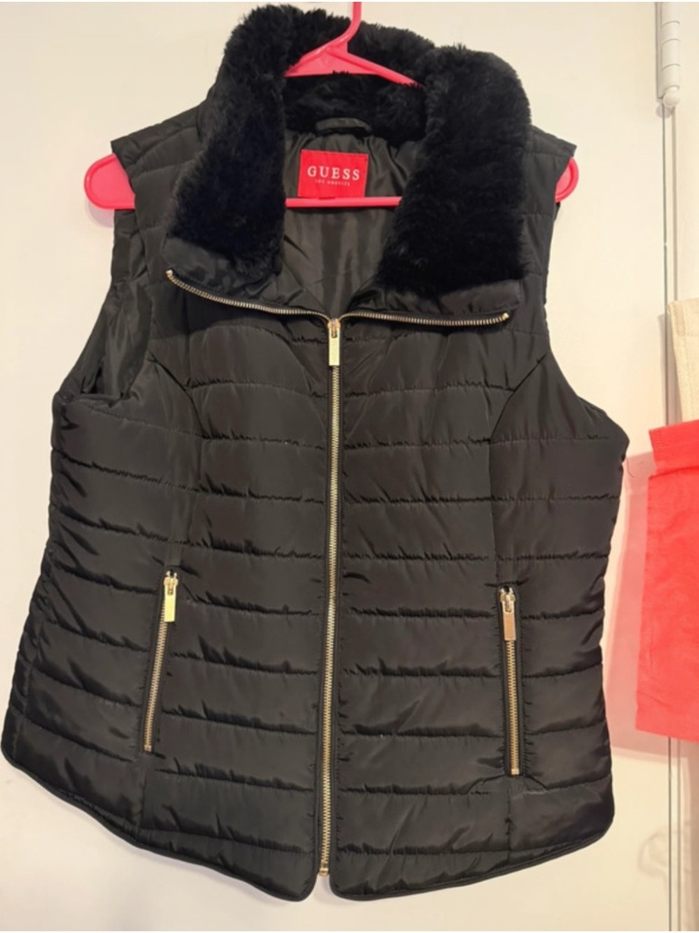 VGC- Large GUESS Black Quilted Faux-Fur Collar Puffer Vest